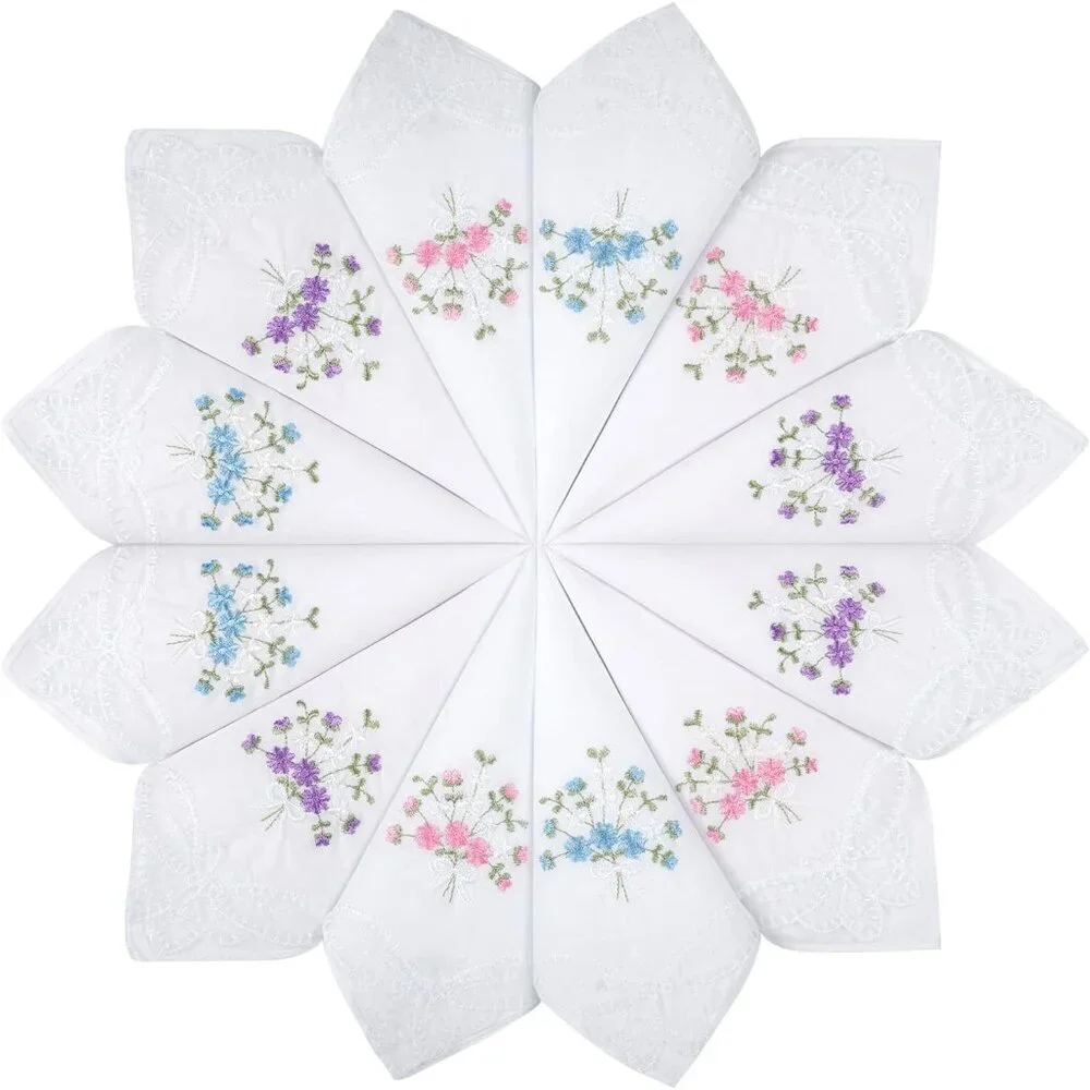 Women's Cotton Handkerchiefs Set of 12 Floral Embroidered Lace Hankies for Women
